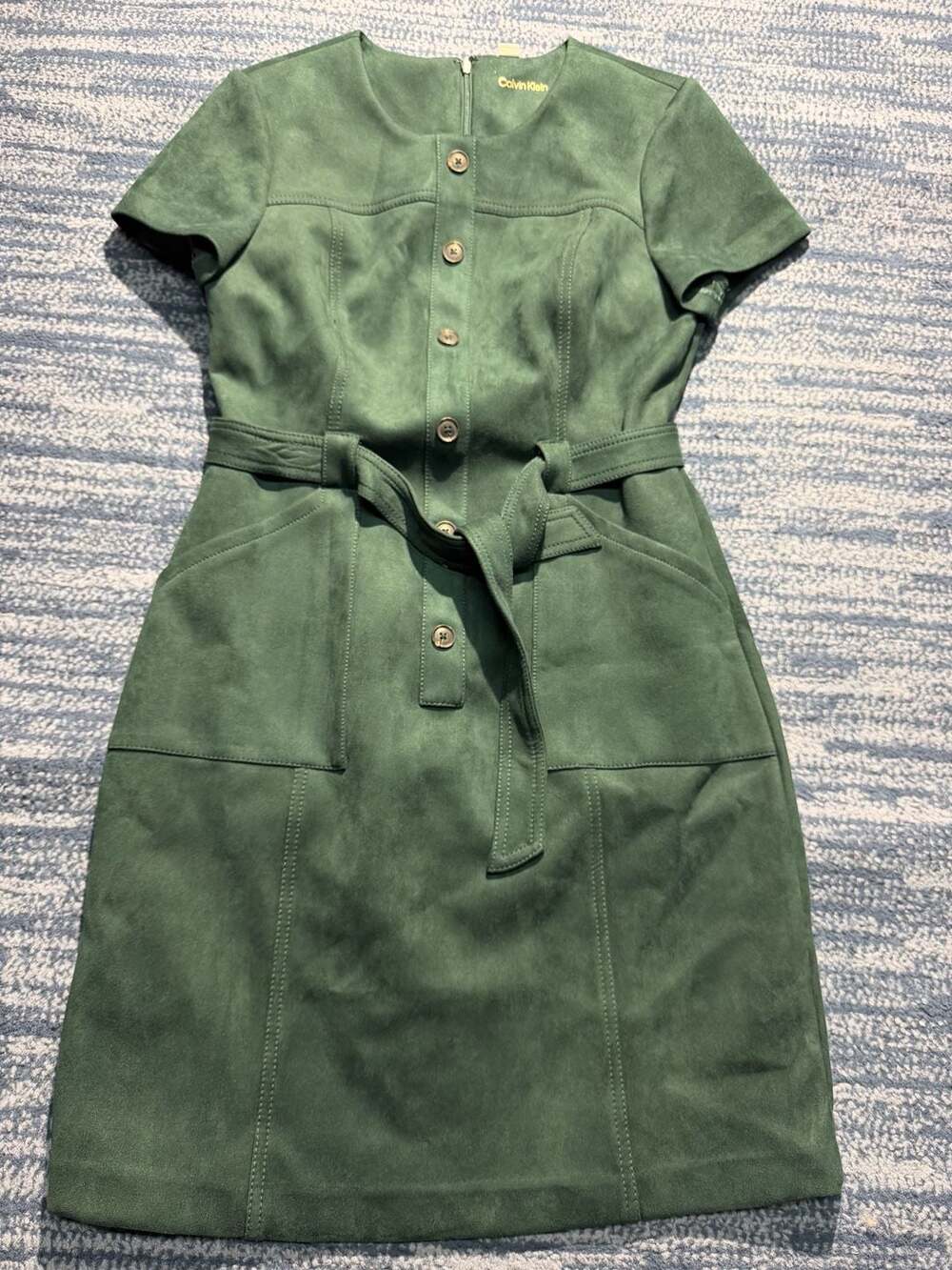 Calvin Klein Suede Dress Size 6 Green Faux Suede Belted